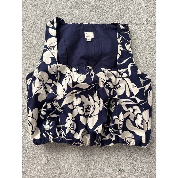 a new day Tops - A New Day Womens Navy Blue White Floral Square Neck Bubble Hem Cotton Tank Top S